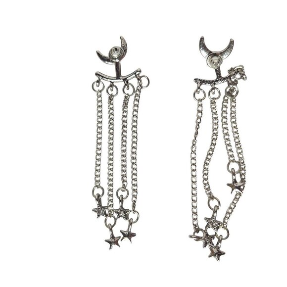 Moon & Star Silver Dangle Earrings With Chain Tassels Elegant Celestial Design - Picture 2 of 2